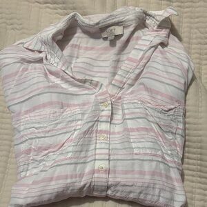 LOFT White Button-Down Shirt with Pink & Light Gray Stripes